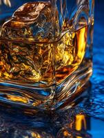 Amber Liquid and Ice Cubes in a Glass, Close Up Photography. A detailed image showcasing the texture and color of whiskey with ice. photo