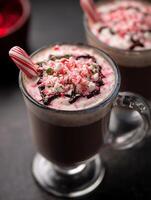 Indulgent Peppermint Hot Chocolate with Whipped Cream and Candy Cane Garnish. photo