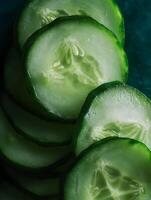 Close up of Sliced Cucumbers, Fresh Green Vegetable Texture. photo