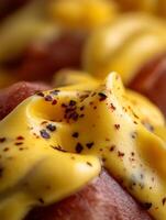 Close Up of Creamy Yellow Sauce with Red Pepper Flakes. photo