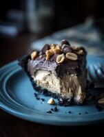 Close Up of a Delicious Slice of Peanut Butter Chocolate Pie on a Teal Plate. photo