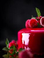 Close up of a glossy raspberry cake decorated with fresh raspberries and mint. photo