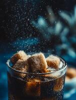Close up of Brown Sugar Cubes Dissolving in a Glass of Sparkling Cola. photo