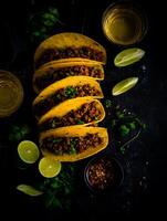 Delicious Ground Beef Tacos with Cilantro and Lime. A tempting overhead shot of several tacos, ready to be enjoyed. photo