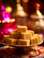 Close up of Delicious Caramel Fudge Cubes on an Ornate Gold Dish. photo