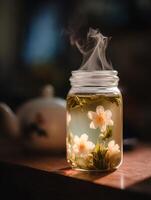 Steaming Cup of Blooming Jasmine Tea. A close up image of a glass jar filled with fragrant jasmine tea, featuring delicate white flowers and rising steam. photo