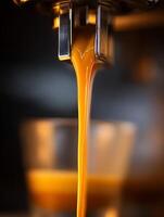 Close up of Espresso Pouring from Espresso Machine. A stream of rich, dark coffee flows into a cup. photo