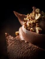 Close Up of Chocolate Ice Cream with Hazelnuts. A delectable image perfect for food blogs, magazines, or dessert menus. photo