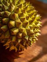 Durian Fruit Close Up Detailed Texture and Golden Hues. photo