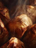 Close Up of Roasted Potatoes with Steam Rising. A detailed image showcasing the texture and warm tones of perfectly roasted potatoes. photo
