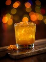 Close up of an orange cocktail with ice in a rocks glass, honey dripping down the side, on a wooden board with blurred bokeh lights in the background. photo