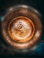 Close Up of Espresso Crema in a Metal Cup Rich Coffee Texture. photo
