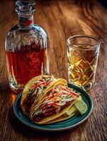 Delicious Tacos with Tequila and Lime on Wooden Table. A close up image perfect for food blogs, restaurants, and culinary publications. photo