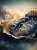 Oyster Shell with Golden Bubbles A Close Up Macro Photograph. photo