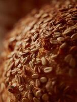 Close Up of Crusty Bread with Oat Seeds. A Detailed Macro Photograph of Baked Goods. photo