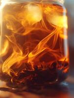 Steaming Cup of Tea Close Up Abstract Image of Brewing Tea Leaves. photo
