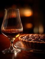 Pecan Pie and Brandy Glass A Warm and Cozy Autumn Still Life. photo