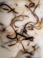 Abstract Close Up of Brown Organic Material in White Liquid. Intricate swirling patterns create a unique texture. photo