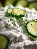 A bowl of cucumber dip with dill photo