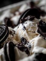 Close Up of Creamy Vanilla Ice Cream with Chocolate Cookies. photo
