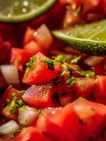 Close up of Fresh Pico de Gallo with Lime. A vibrant and delicious image of diced tomatoes, onions, cilantro, and lime. photo