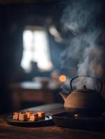 Steaming Teapot and Sweet Treats in Rustic Setting. A close up image of a traditional teapot emitting steam, accompanied by small, delectable pastries on a wooden table. photo