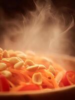 Close up of Steaming Spicy Thai Salad with Peanuts and Peppers. photo