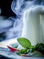 Steaming Rice Noodles with Fresh Basil Garnish A Culinary Close Up. photo