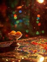 Golden Bowl of Sweet Treats Against a Sparkling Background. A close up image of delicious golden sweets in an ornate bowl, set against a bokeh background of colorful lights. photo