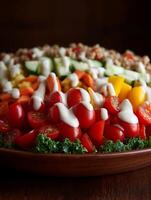 Fresh Vegetable Salad with Creamy Dressing in Wooden Bowl. A close up image showcasing a vibrant and healthy salad. photo