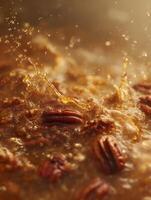 Close up of Pecans Roasting in Sweet Syrup, Golden Liquid Splashing. photo
