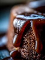 Close Up of Chocolate Cake with Rich Glaze Drizzle. A decadent dessert photography image perfect for food blogs, magazines, and culinary websites. photo