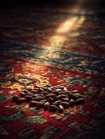 Dates on a richly patterned rug, illuminated by sunlight. photo