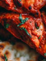 Close up of Indian Butter Chicken with Naan Bread. photo