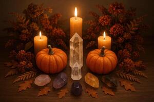 Autumn vibes pumpkins, crystals, candles, and leaves creating a cozy seasonal scene photo