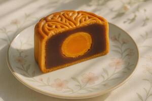 Close-up of mooncake with salted egg yolk on floral plate. Mid-Autumn photo