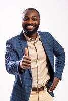 Successful black busine with a beard, looking at the camera with a satisfied expression and positive attitude.ssman photo
