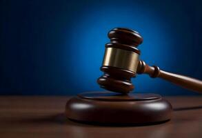 Judge gavel on wooden table with blue background photo