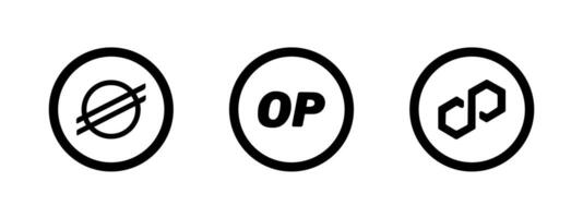 Hand-drawn black and white icons of Stellar, Optimism, and Polygon. Doodle-style sketch set. Perfect for blockchain apps, crypto wallets, DeFi dashboards, and digital asset education. vector