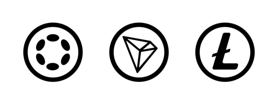 mínimo dibujado a mano íconos de lunares, tron, y litecoin. negro y blanco garabatear conjunto en bosquejo estilo. ideal para cripto aplicaciones, comercio ui, fintech tableros de instrumentos, y blockchain educación. vector