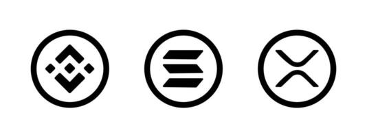 Minimal doodle icon set of BNB, Solana, and XRP in black and white. Hand-drawn outline style, perfect for crypto UI, fintech apps, infographics, and educational materials. vector