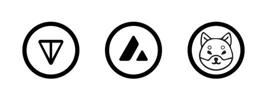Minimal black and white doodle icons of Toncoin, Avalanche, and Shiba Inu. Hand-drawn outline set. Perfect for crypto dashboards, fintech apps, UI, NFTs, and blockchain education. vector