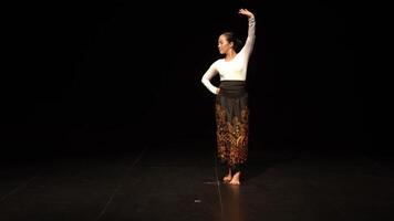 A dancer performing on stage in a dark setting, wearing a traditional outfit with intricate patterns. The dancer's movements are graceful and expressive, showcasing cultural dance art. video