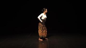 A dancer performing on stage in a dark setting, wearing a traditional outfit with intricate patterns. The dancer is captured from behind, showcasing graceful movements and a poised posture. video