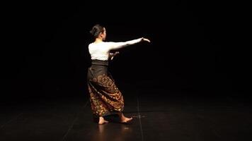 A dancer performing on stage with dramatic lighting. She wears a traditional outfit with intricate patterns, showcasing graceful movements and expressive hand gestures. video