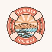 Summer Holiday Lifebuoy Badge with Mountain and Ocean Waves Vintage Illustration. t shirt print design vector