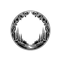 Circular Celtic Landscape Emblem, Mystical Silhouette vector