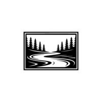 Serene Forest Stream Emblem, Minimalist Landscape - Pines vector