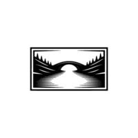 Serene River Bridge Silhouette, Rustic Landscape Emblem vector
