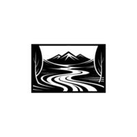 Mountain Stream Silhouette, Rustic Wilderness Emblem vector